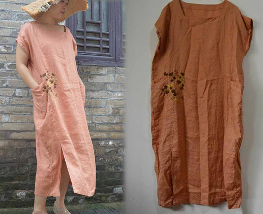 edoa Linen Dress with Hand Embroidery