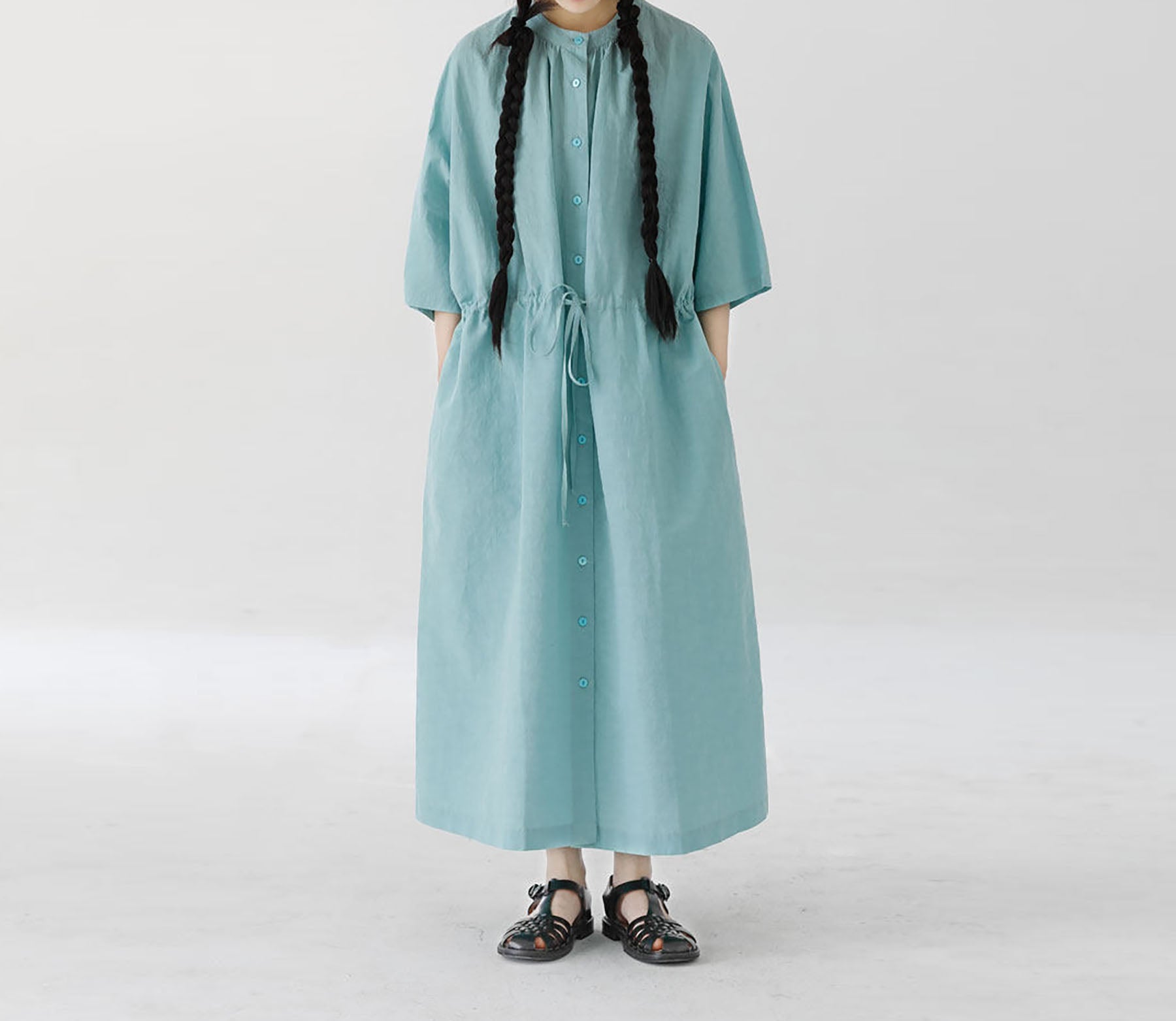 edoa Super Loose Light Blue Linen Shirtdress
