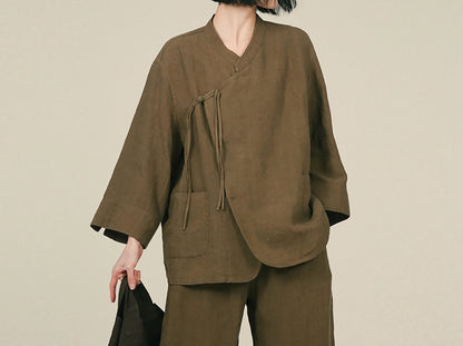 edoa Linen Chinese Cheongsam Collar Shirt 