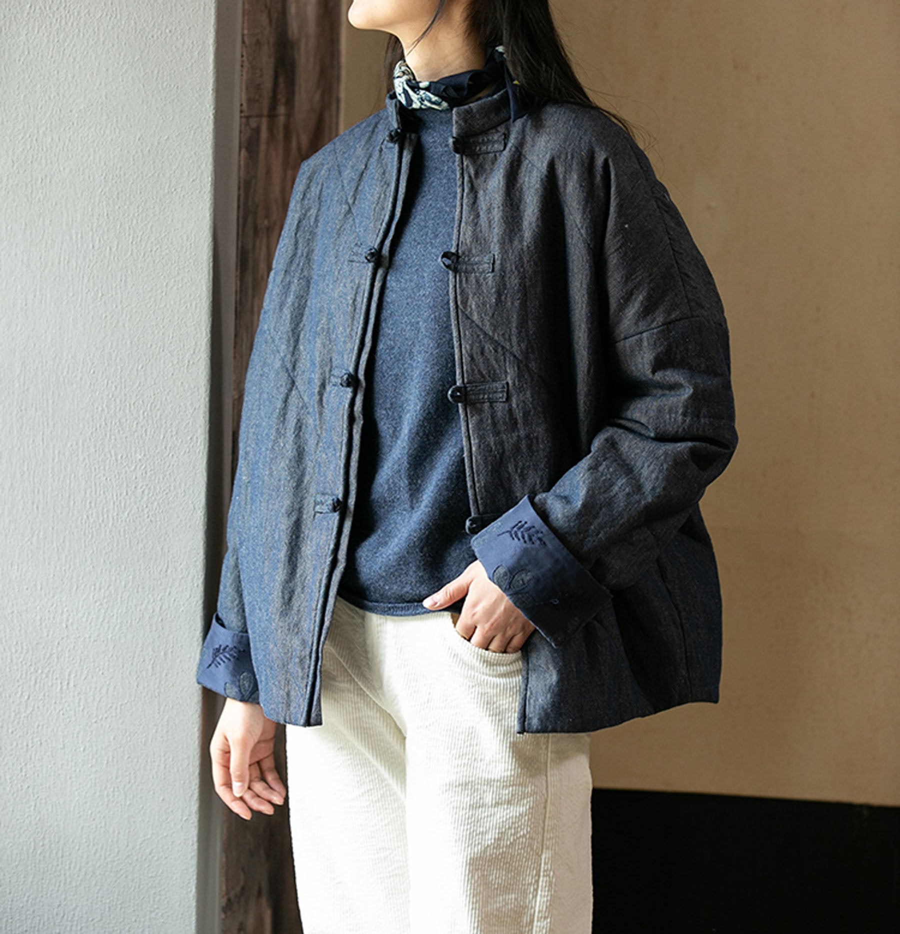 edoa Chinese Cheongsam Padded Denim Jacket