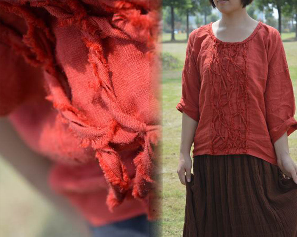 edoa Washed Ramie Blouse with Handmade Decoration