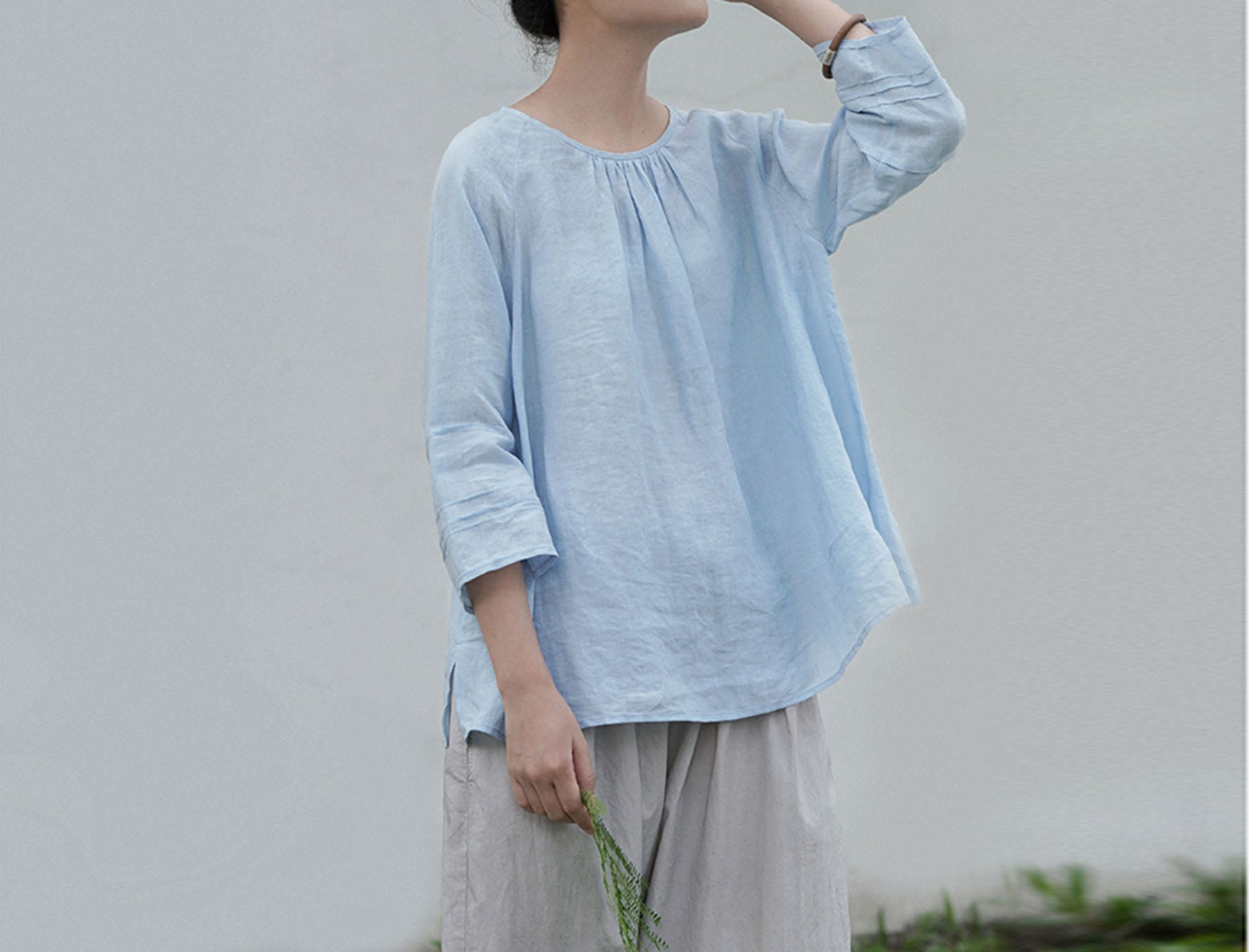 edoa Baby Blue Washed High Count Linen Blouse