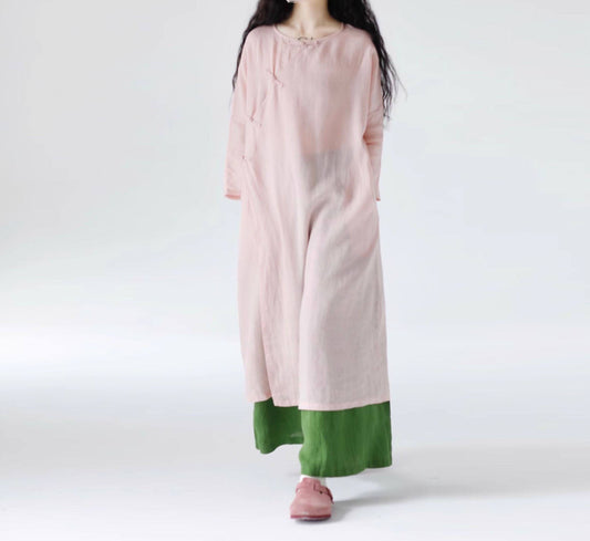 edoa Loose New Chinese Style Pink Ramie Bracelet Sleeve Cheongsam Dress