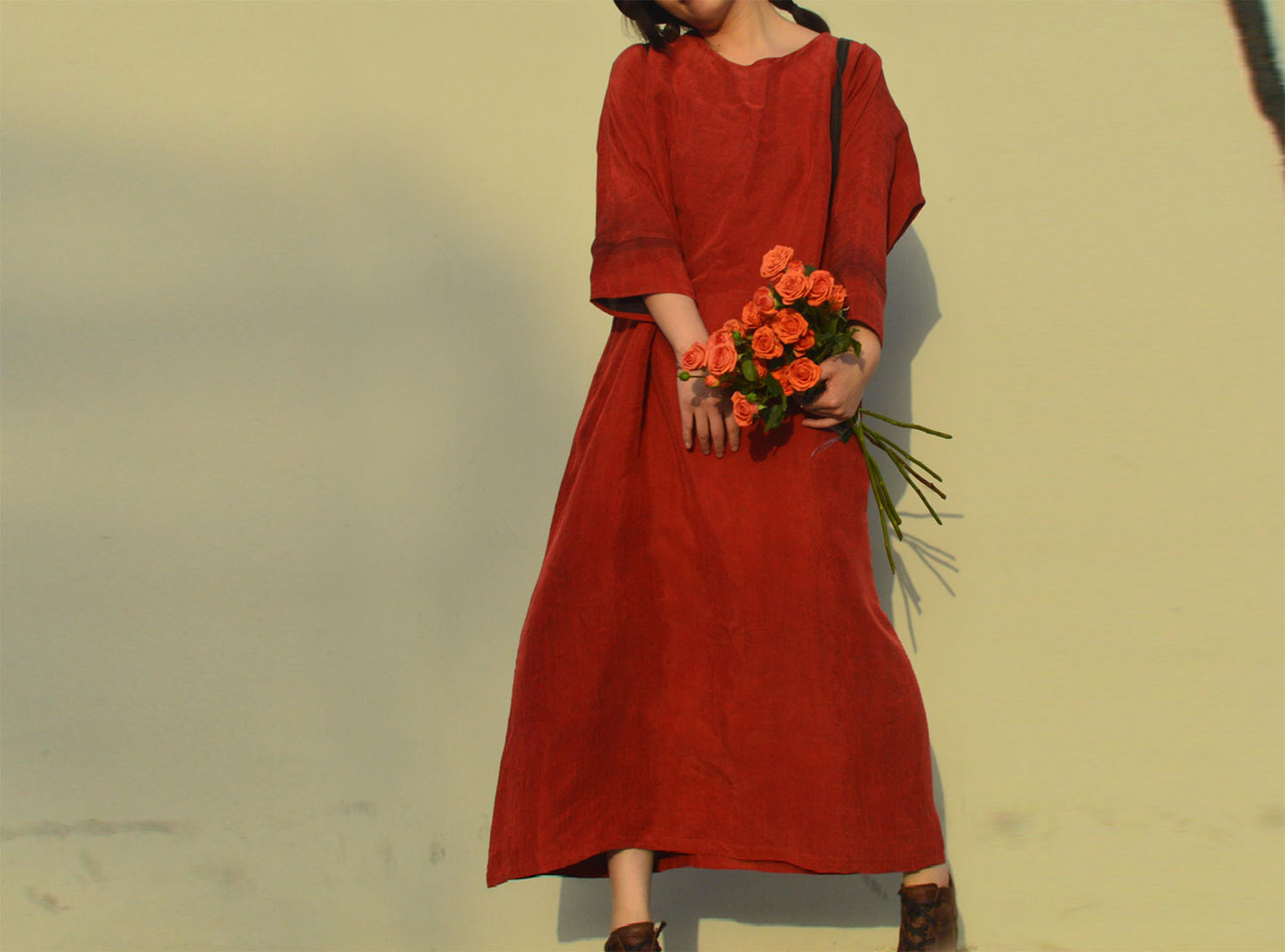 edoa Red Mud Silk A Line Dress