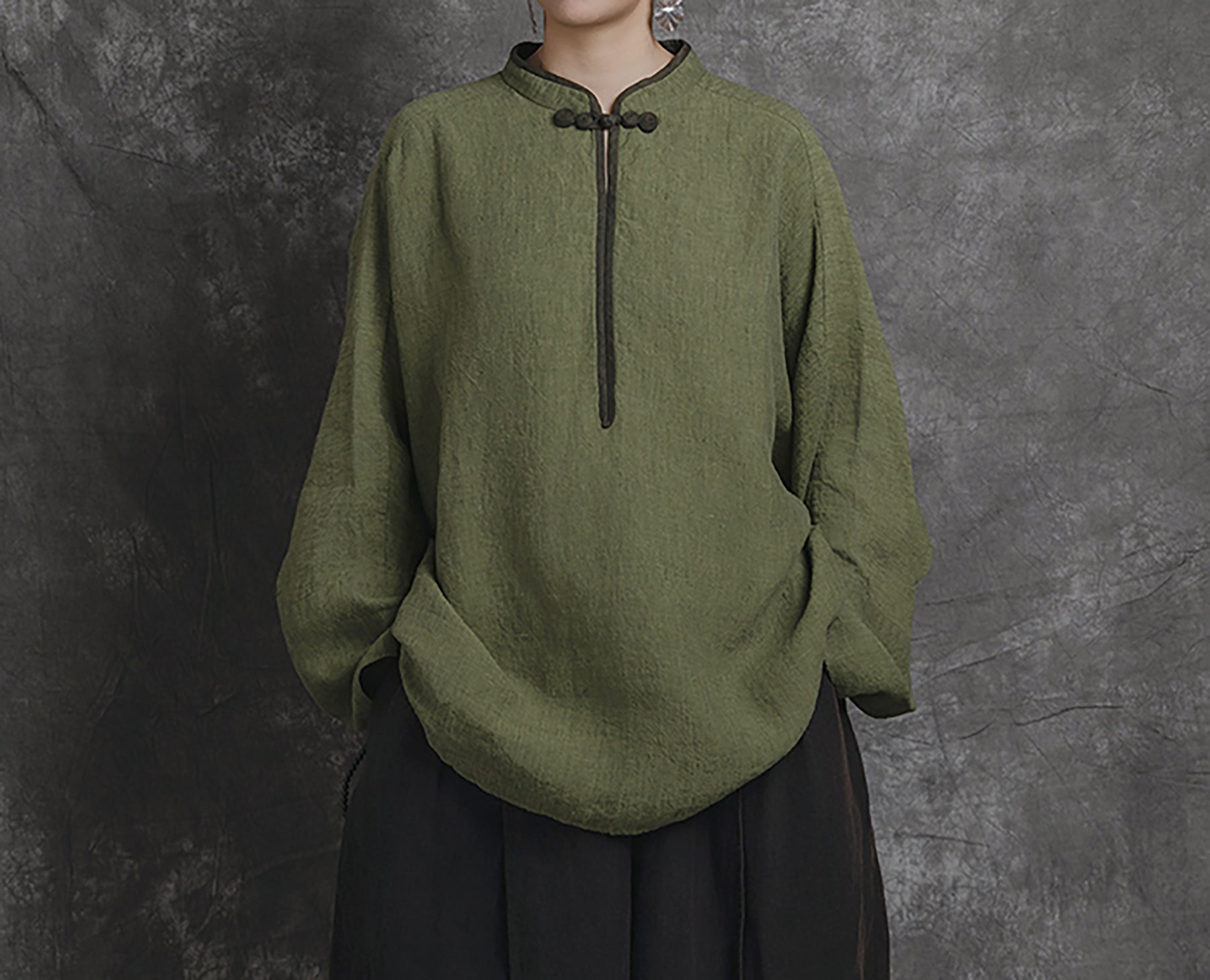 edoa Loose Yarn Dyed Linen Batwing Blouse
