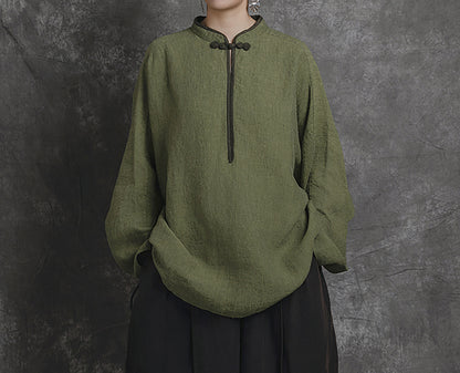 edoa Loose Yarn Dyed Linen Batwing Blouse