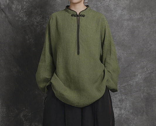 edoa Loose Yarn Dyed Linen Batwing Blouse