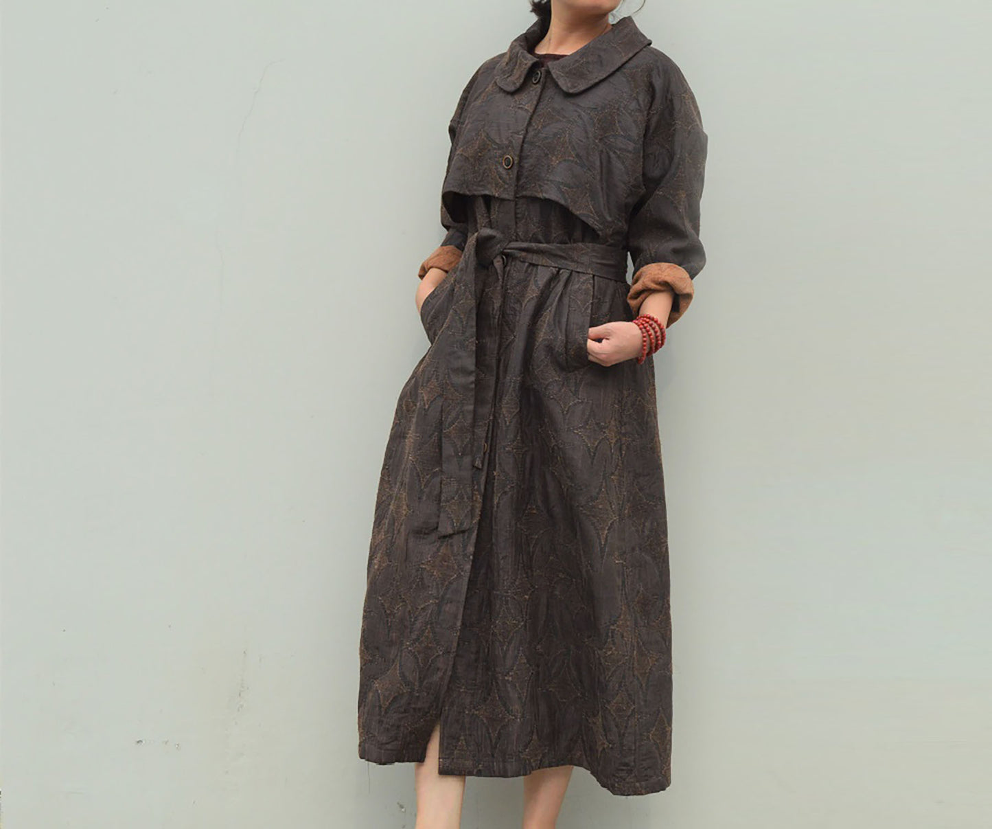 edoa Mud Tussah Silk Jacquard Peter Pan Collar Trench Coat 