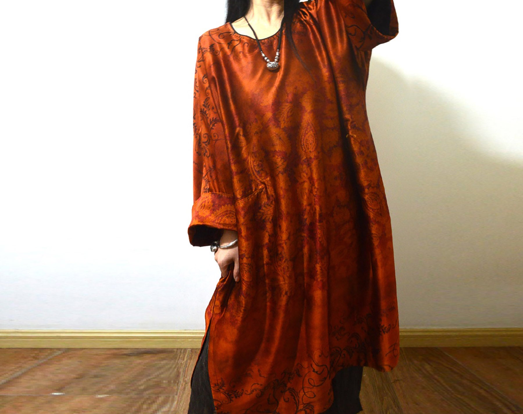 edoa Oversized Printed Mud Silk Charmeuse Kaftan Dress