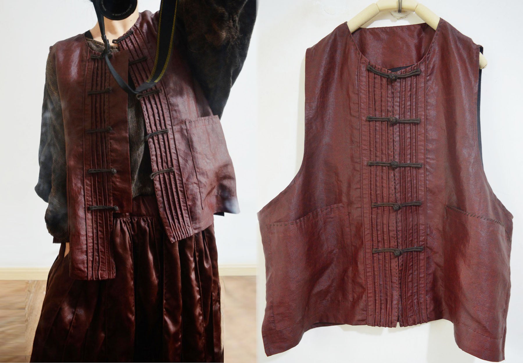 edoa Pintucked Mud Silk Chinese Vest with piping