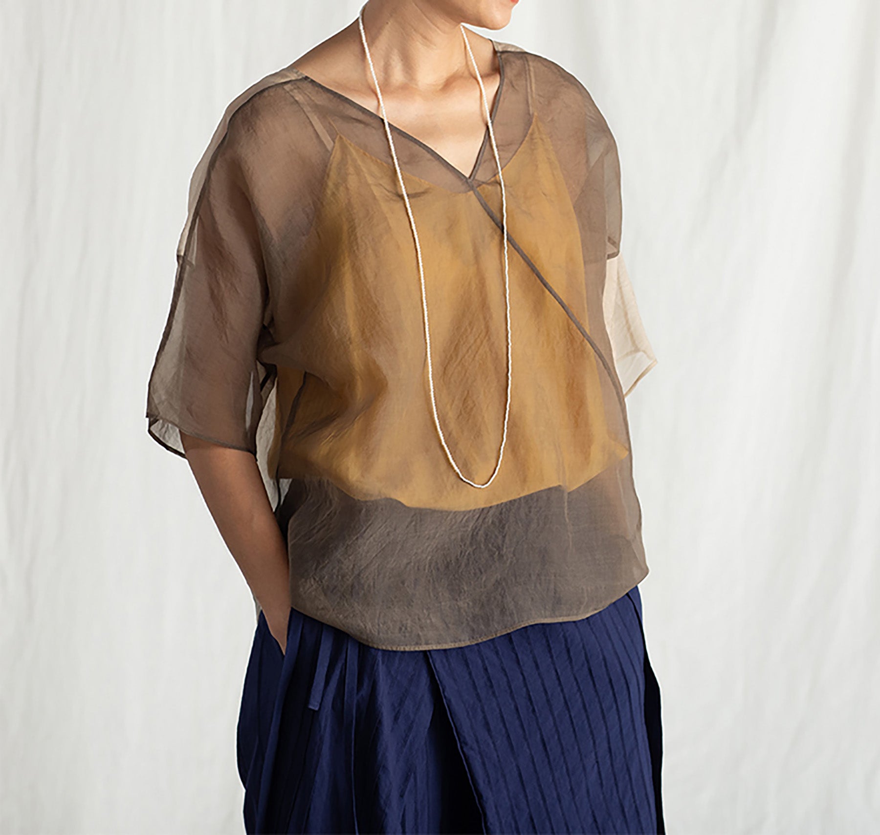 edoa Brown and Beige See-Through Silk T-Shirt 
