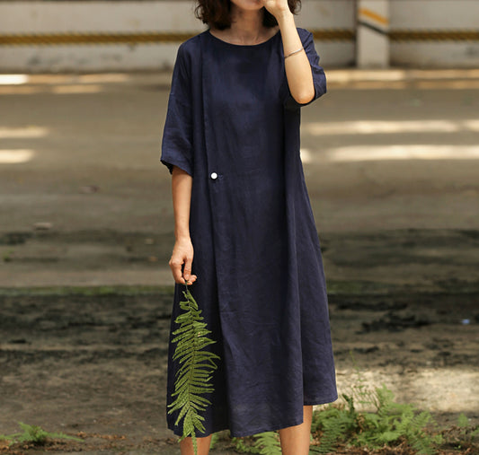 edoa Loose Pleated Linen Long Dress 