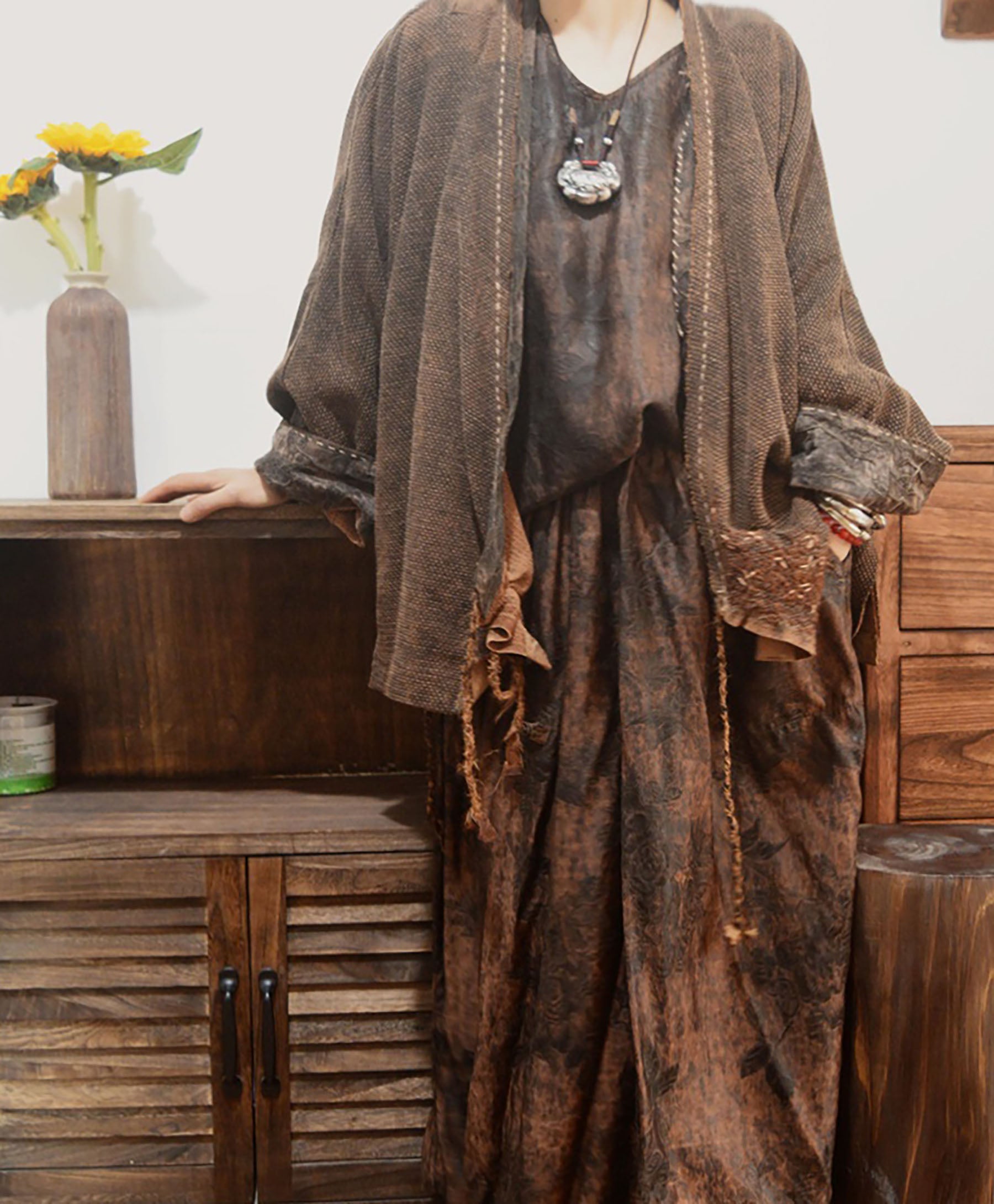 edoa Loose Mud Tussah Silk Jacquard Jacket