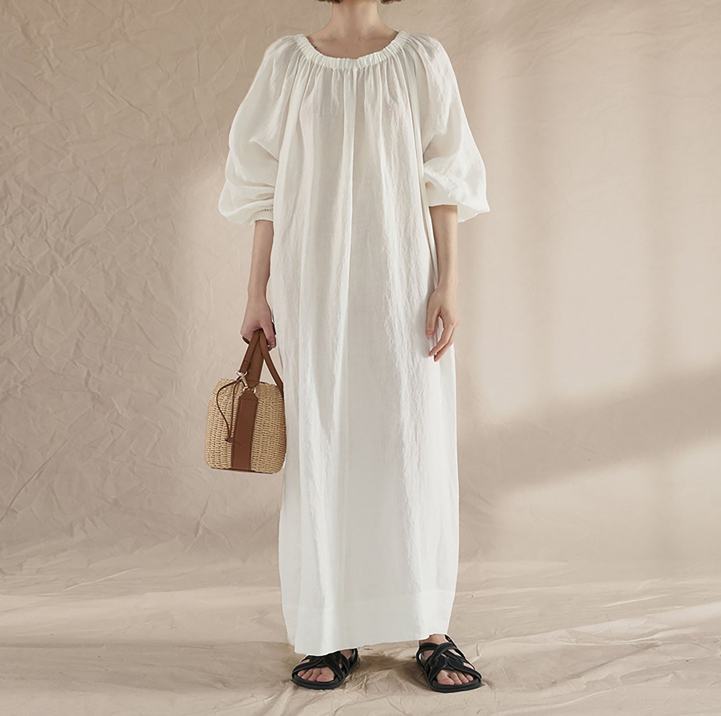 edoa Gathered Long Linen Dress 