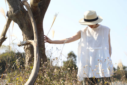 edoa White Oversized Linen Sleeveless Swing Top with Band Collar
