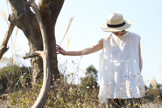 edoa White Oversized Linen Sleeveless Swing Top with Band Collar