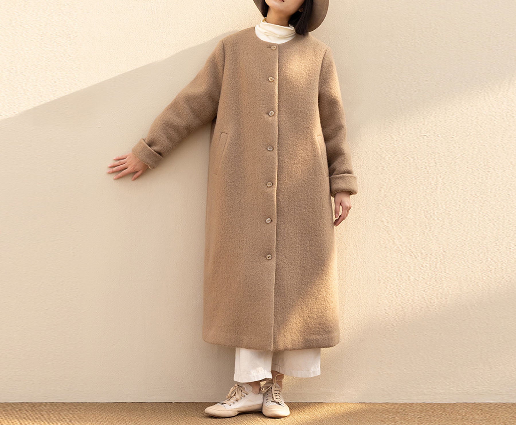 edoa Winter Boiled Wool A-line Long Coat 