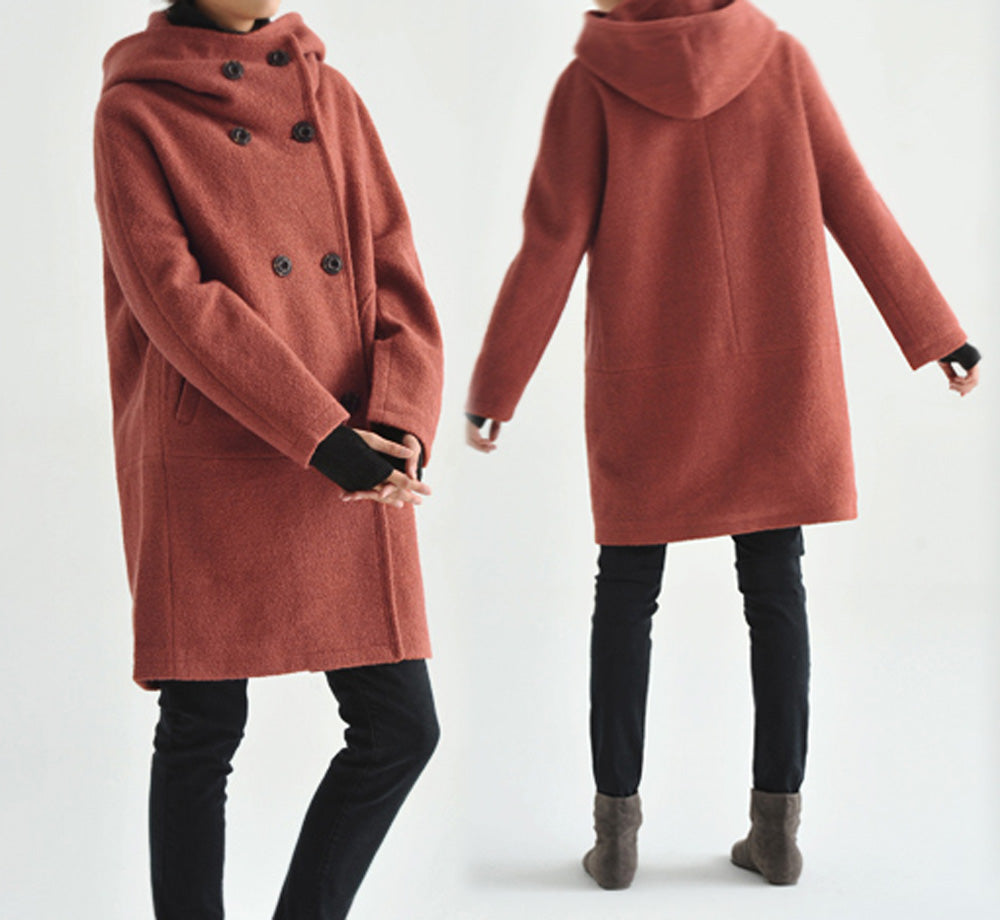 edoa Hooded Double Breasted Wool Boiucle Cocoon Coat