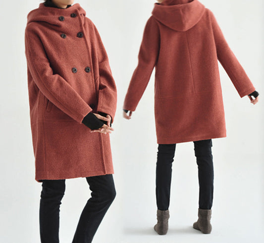 edoa Hooded Double Breasted Wool Boiucle Cocoon Coat