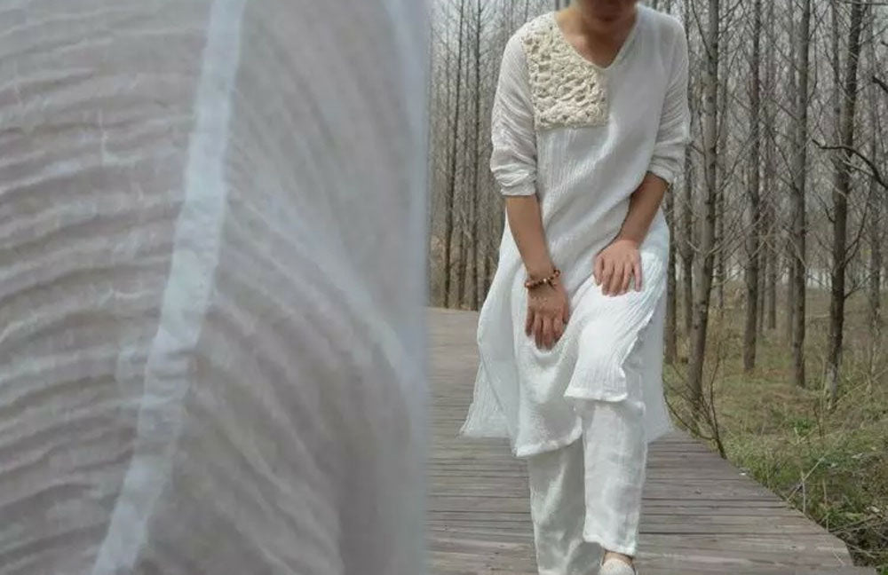 edoa Textured Thin Linen Tunic with Hand Crochet by Pure Silk Strips