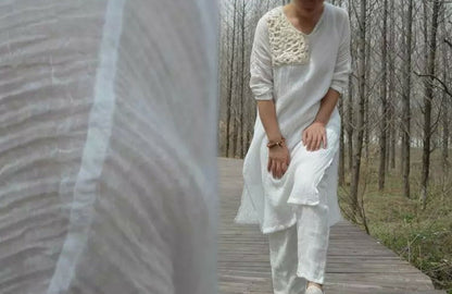 edoa Textured Thin Linen Tunic with Hand Crochet by Pure Silk Strips