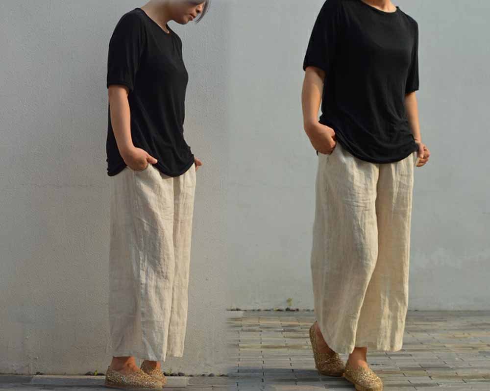 edoa Loose Fitting Linen Cropped Wide Leg Pants 