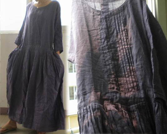 edoa Pintucked Dropped Waist Ramie Dress