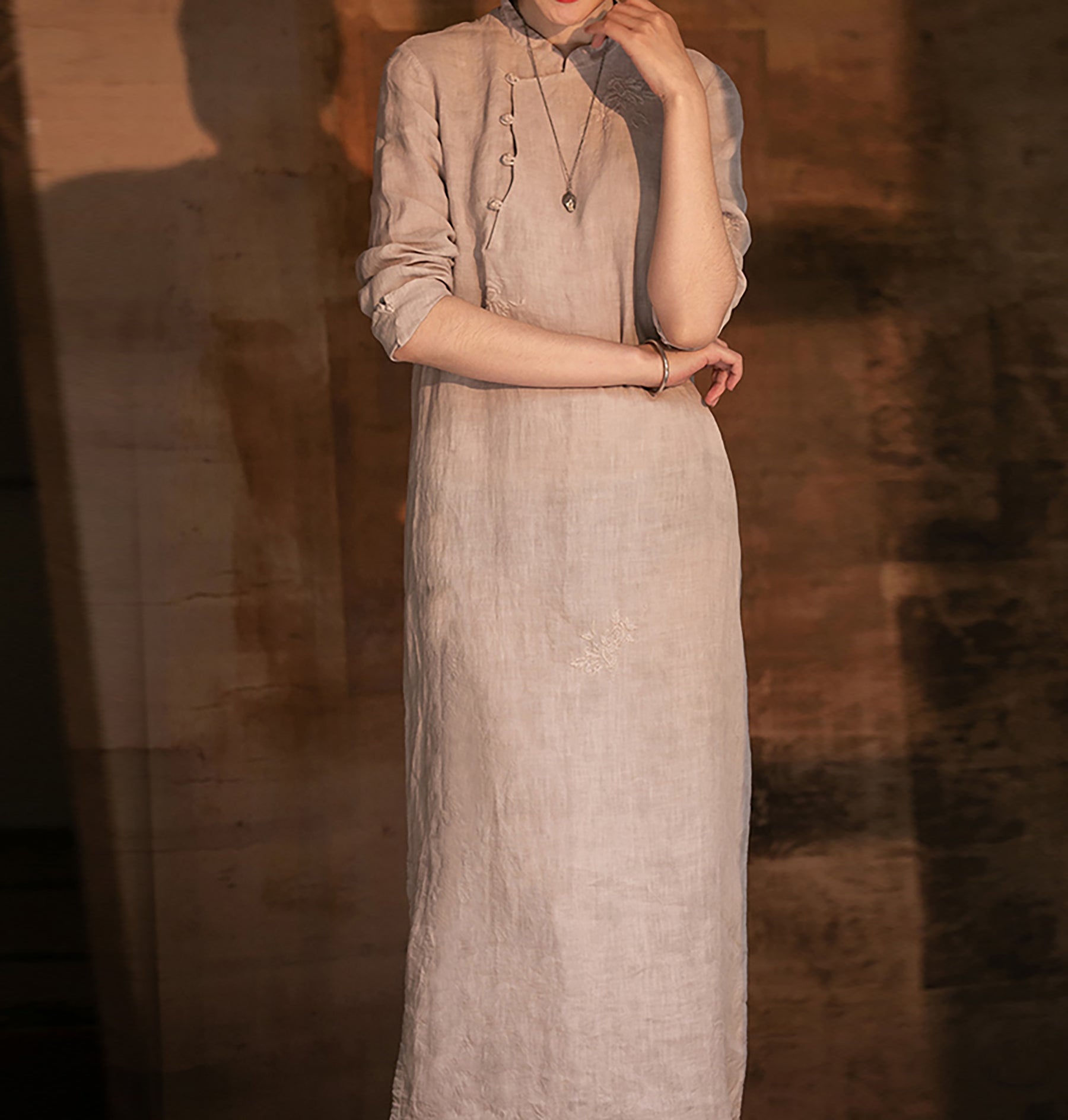 edoa Embroidered Linen Qipao Dress