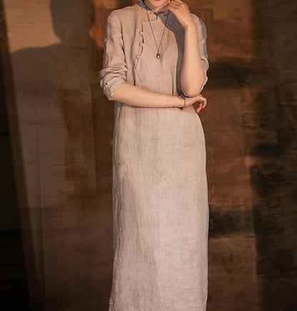 edoa Embroidered Linen Qipao Dress