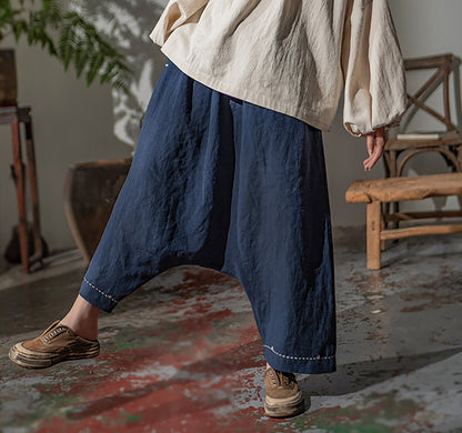 edoa Loose Drop Crotch Linen Harem Pants