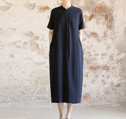 edoa Crinkled Stripe Linen Blend Qipao Dress