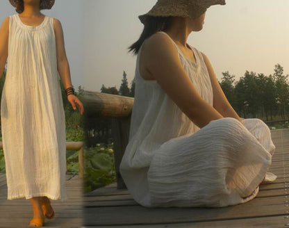 edoa Trapeze Gathered Linen Maxi White Dress 
