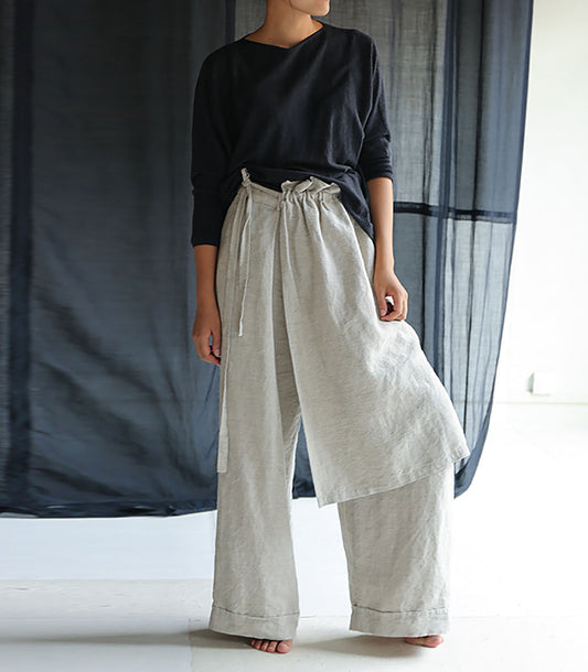 edoa Wide Leg Linen Pleated Pants with Detachable Apron 