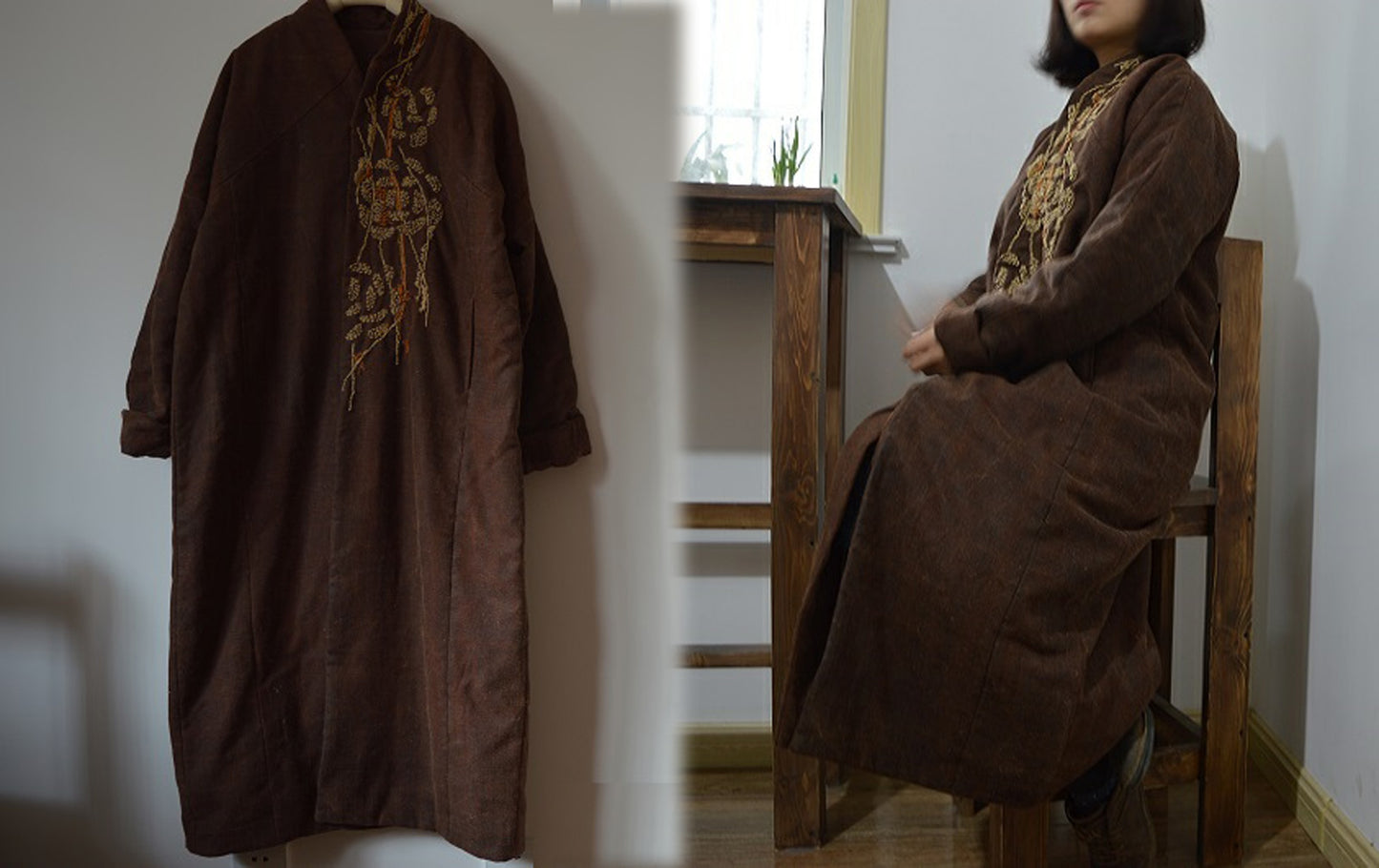 Pure Tussah Silk Padding Coat with Hand Embroidery co0211 398