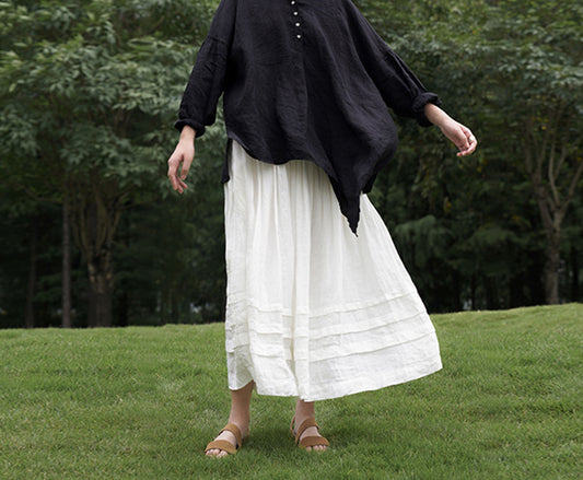 edoa Thin Linen Horizontal Pleated Skirt 