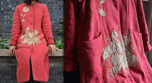 Twill Linen Padding Coat with Hand Embroidery co0209 446