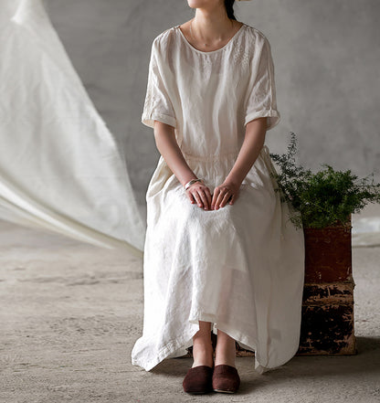 edoa Light Weight Linen Dress with Hand Embroidery