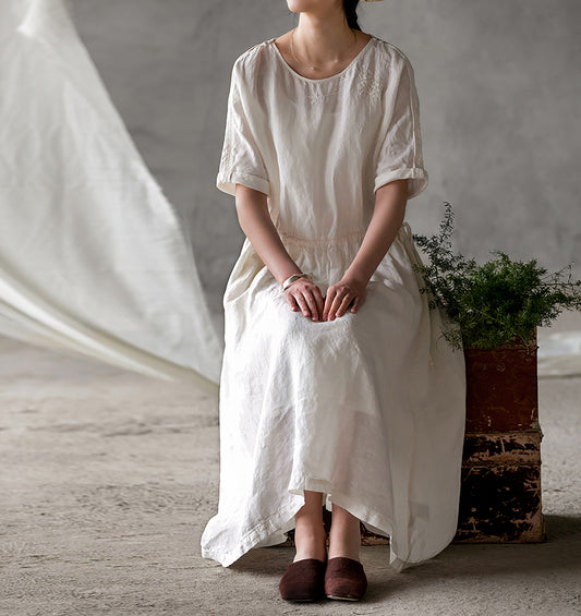 edoa Light Weight Linen Dress with Hand Embroidery