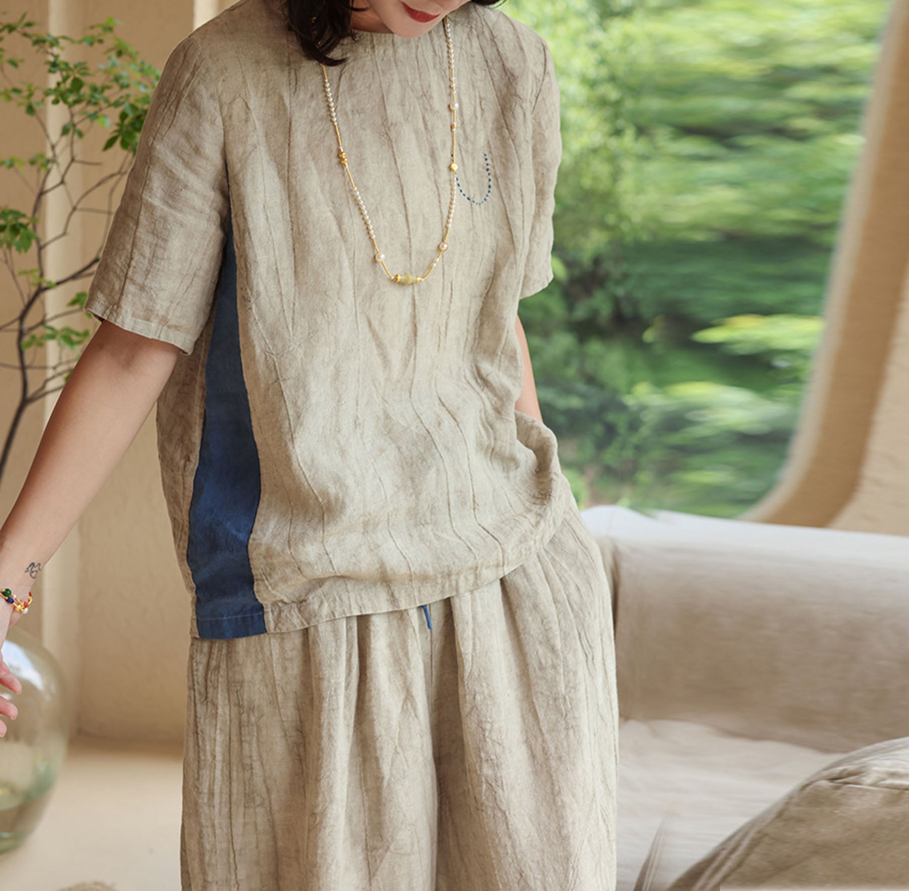 edoa Two Tone Crinkled Linen Shirt 