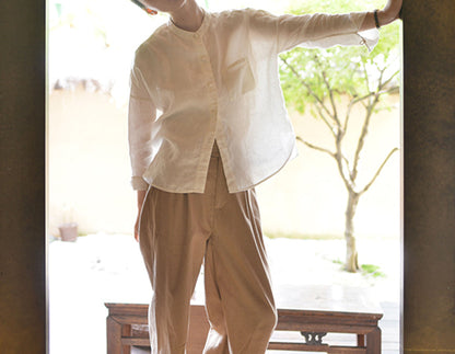 edoa Stand Collar Linen Chinese Shirt 