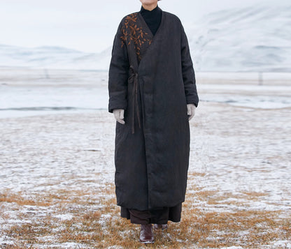 edoa Mud Silk Spun Hanfu Goose Down Coat with Hand Embroidery