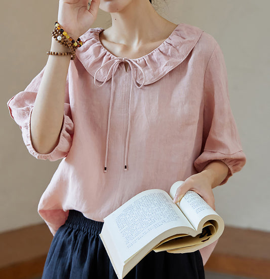 edoa Pink Linen Ruffle Blouse