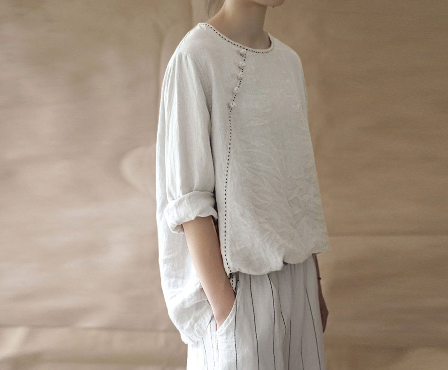 edoa White Linen Blouse