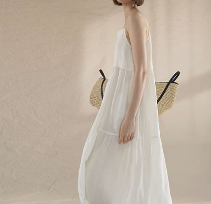 edoa White Linen Tiered Camisole Dress 