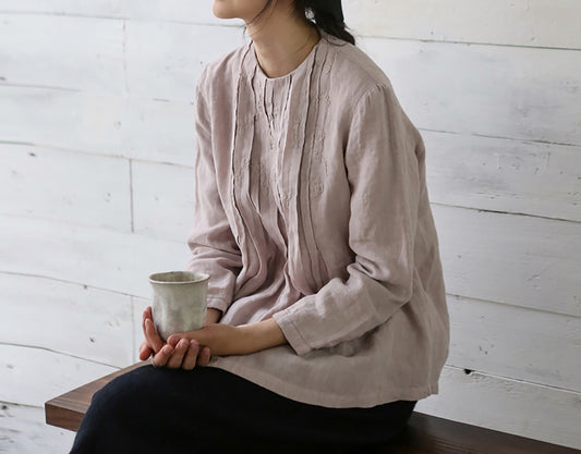 edoa Pleated Trapezed Linen Blouse with Toned Hand Embroidery