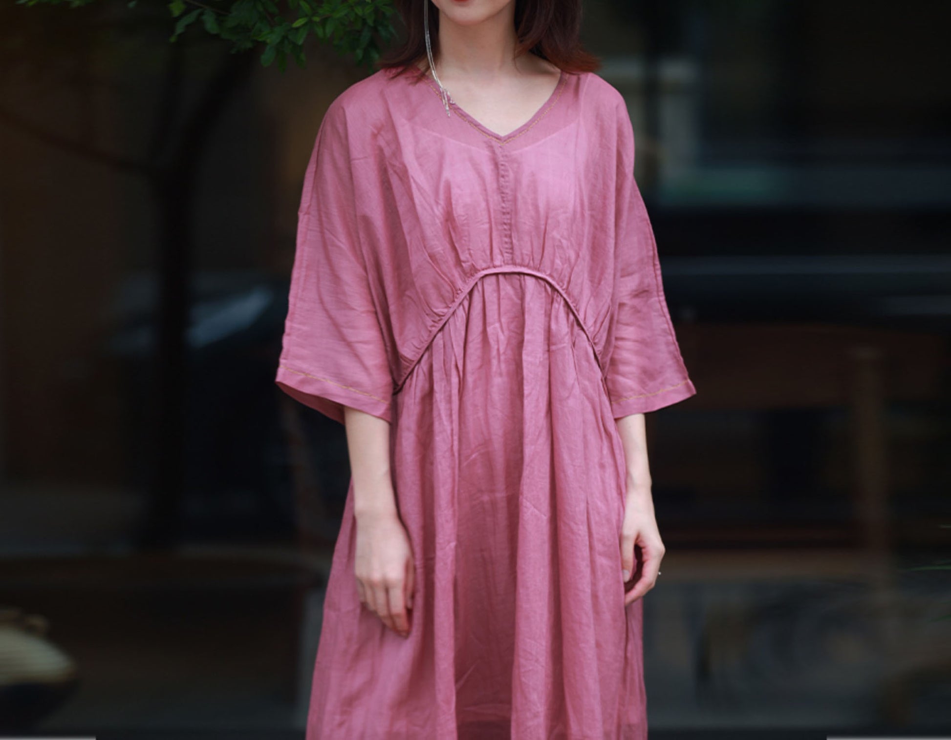 edoa Ramie Curved Waistline Maxi Dress