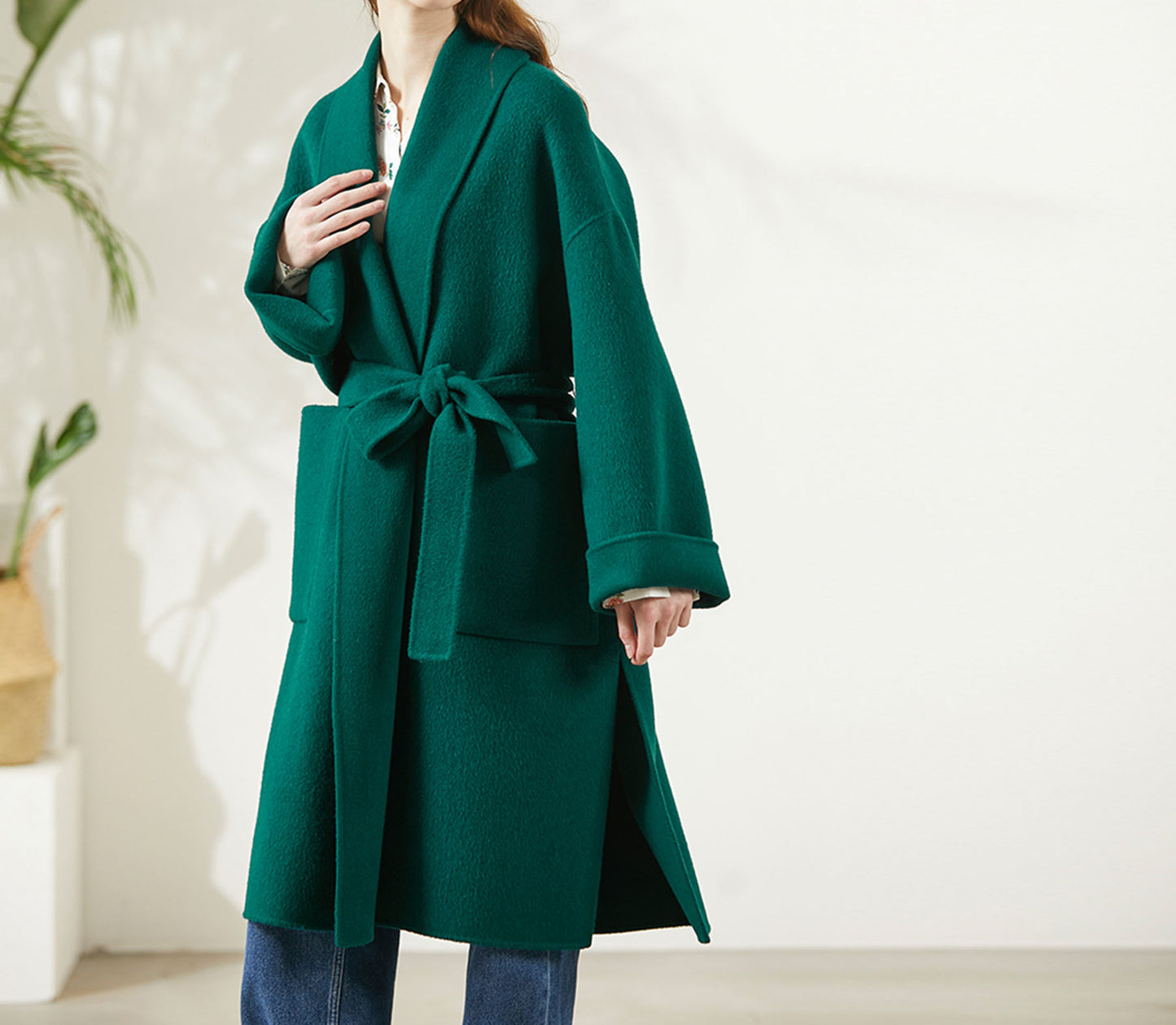 edoa  Double-faced Wool Belted Trapeze Wrap Coat