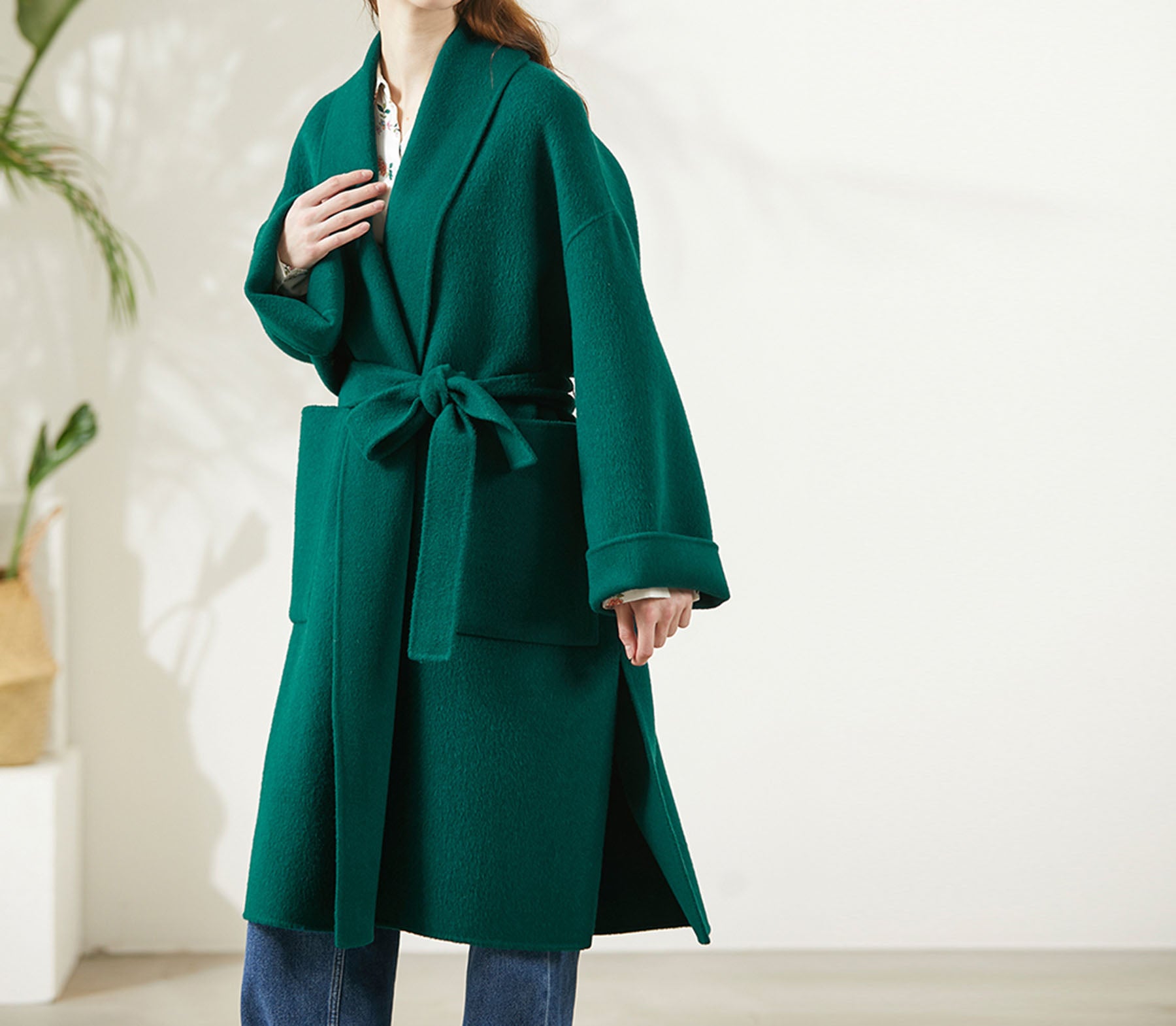 edoa  Double-faced Wool Belted Trapeze Wrap Coat