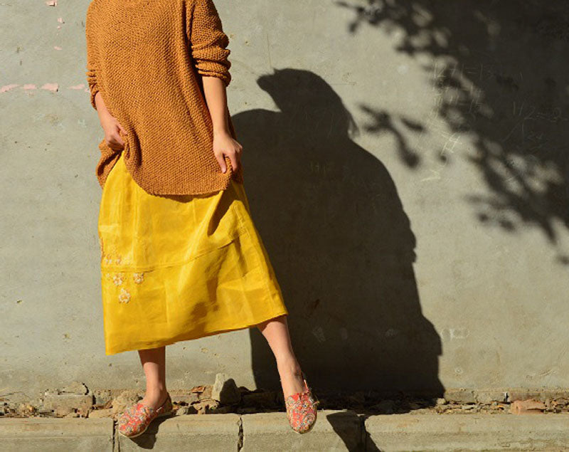 edoa Spring Silk Linen blend Midi Skirt 