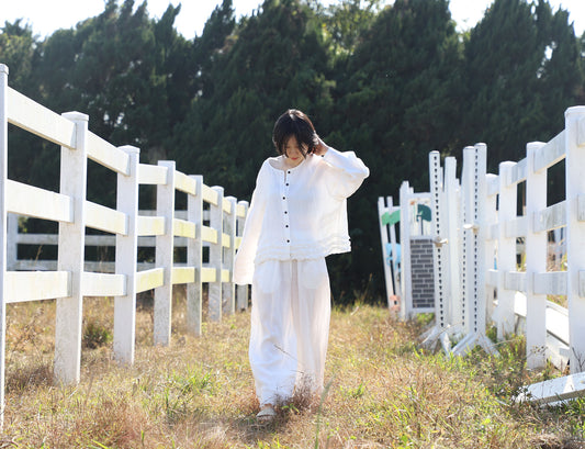 edoa White Linen Wide-leg Ruffled Resort Pants 